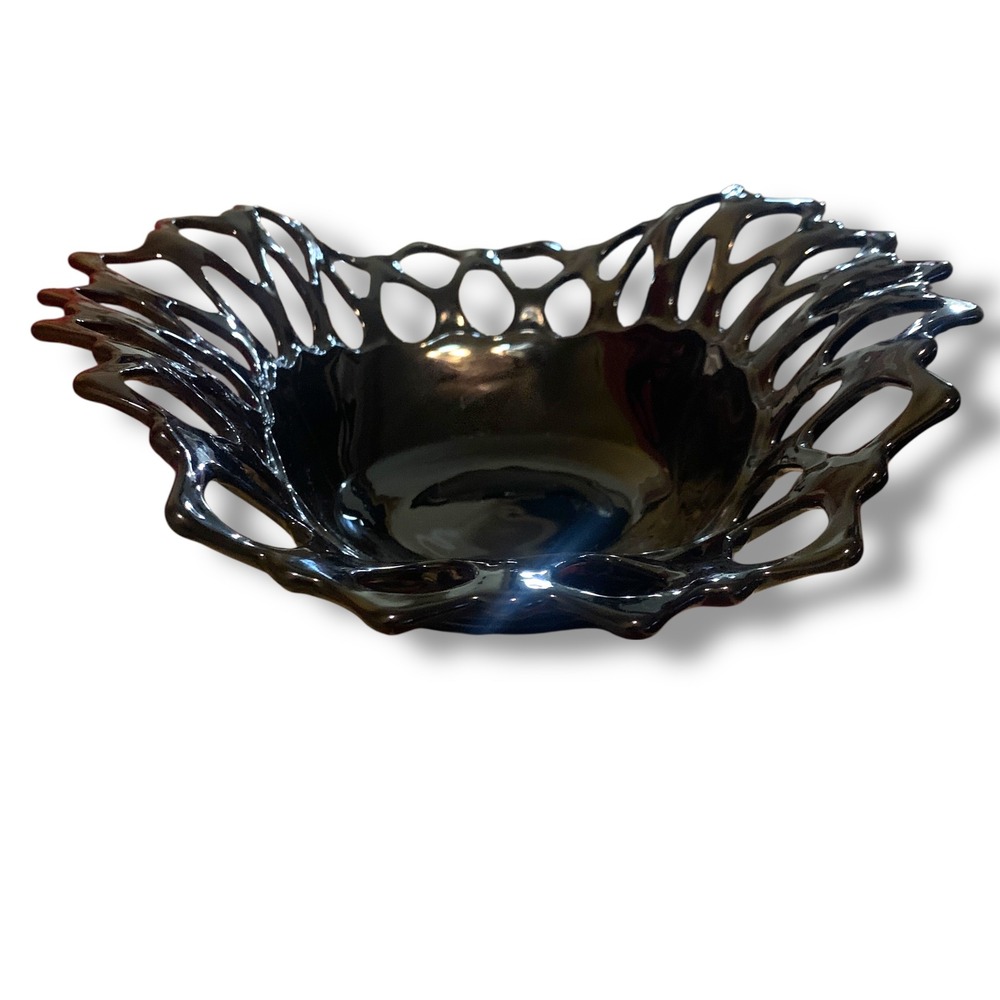 Vintage Black Amethyst Glass Lattice Edge Reticulated Oval Centerpiece Bowl 12in